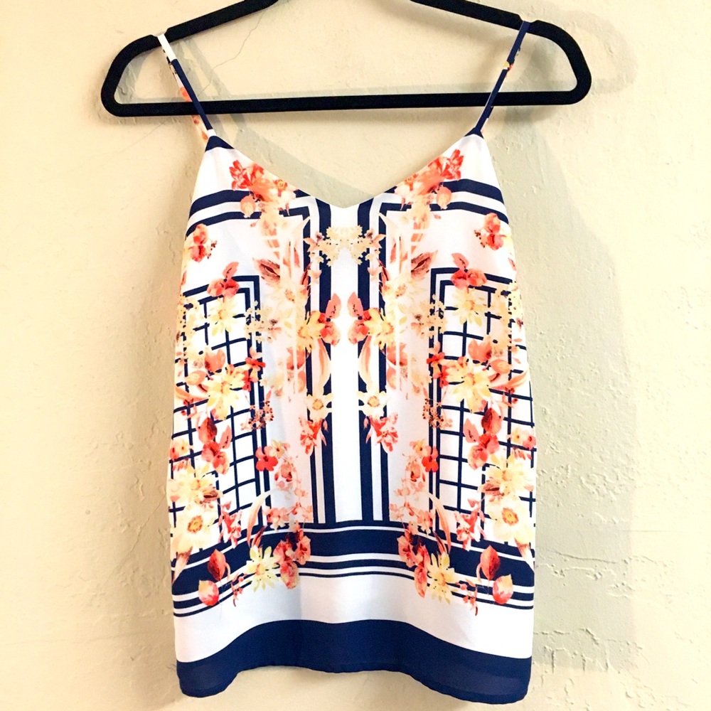 Fab’rik Tank Top Blouse XS Blue White Stripe Floral Nautical Vacation Spring